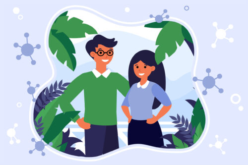 Couple escaping from coronavirus pandemic on tropical resort. China, Chinese people, vacation flat vector illustration. Protection from virus concept for banner, website design or landing web page